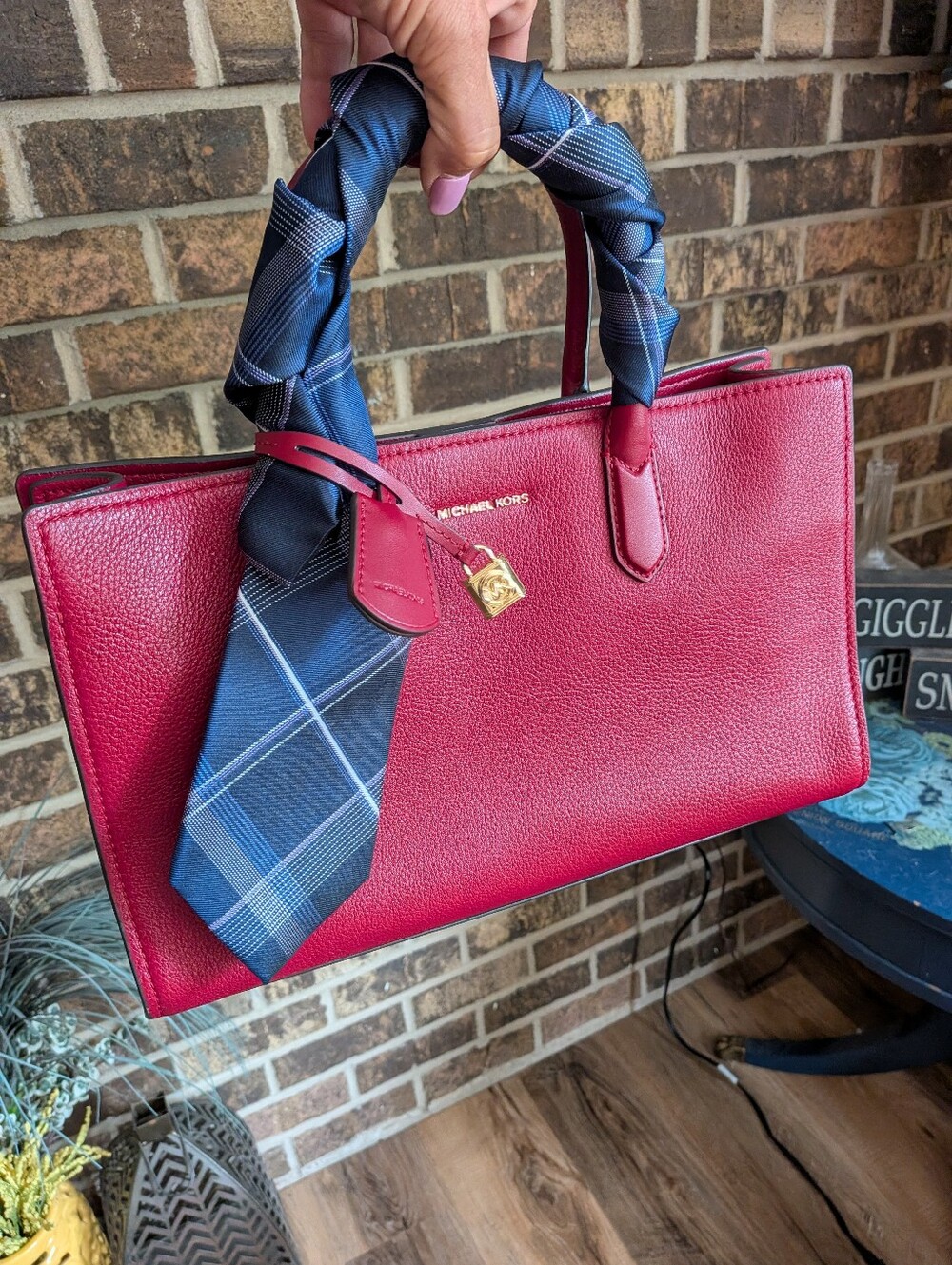 Michael Kors deep Cherry Red Leather Tote with Navy Scarf Accent - Picture 10 of 10